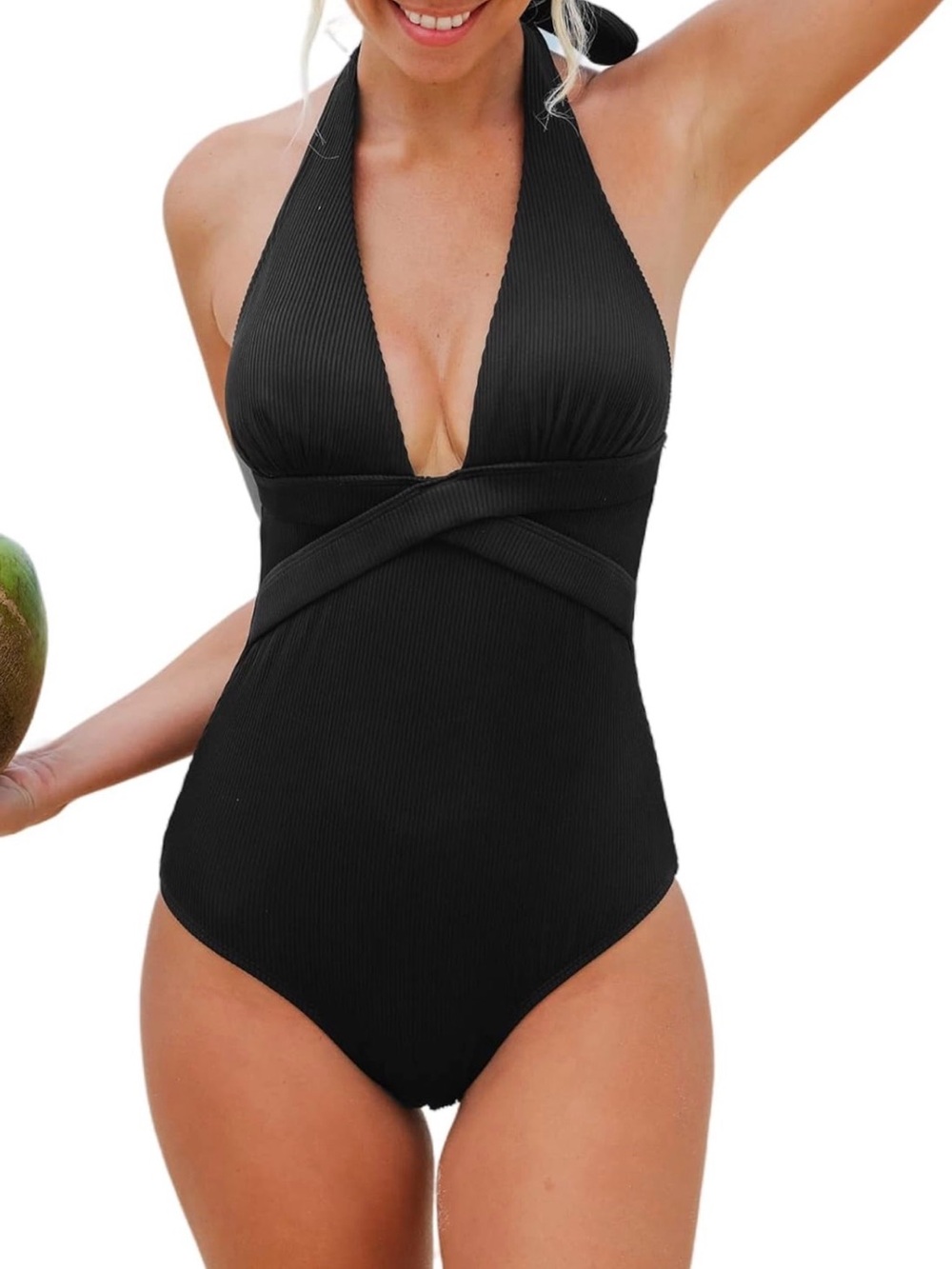 Cupshe Black Ribbed Halter One-Piece Swimsuit